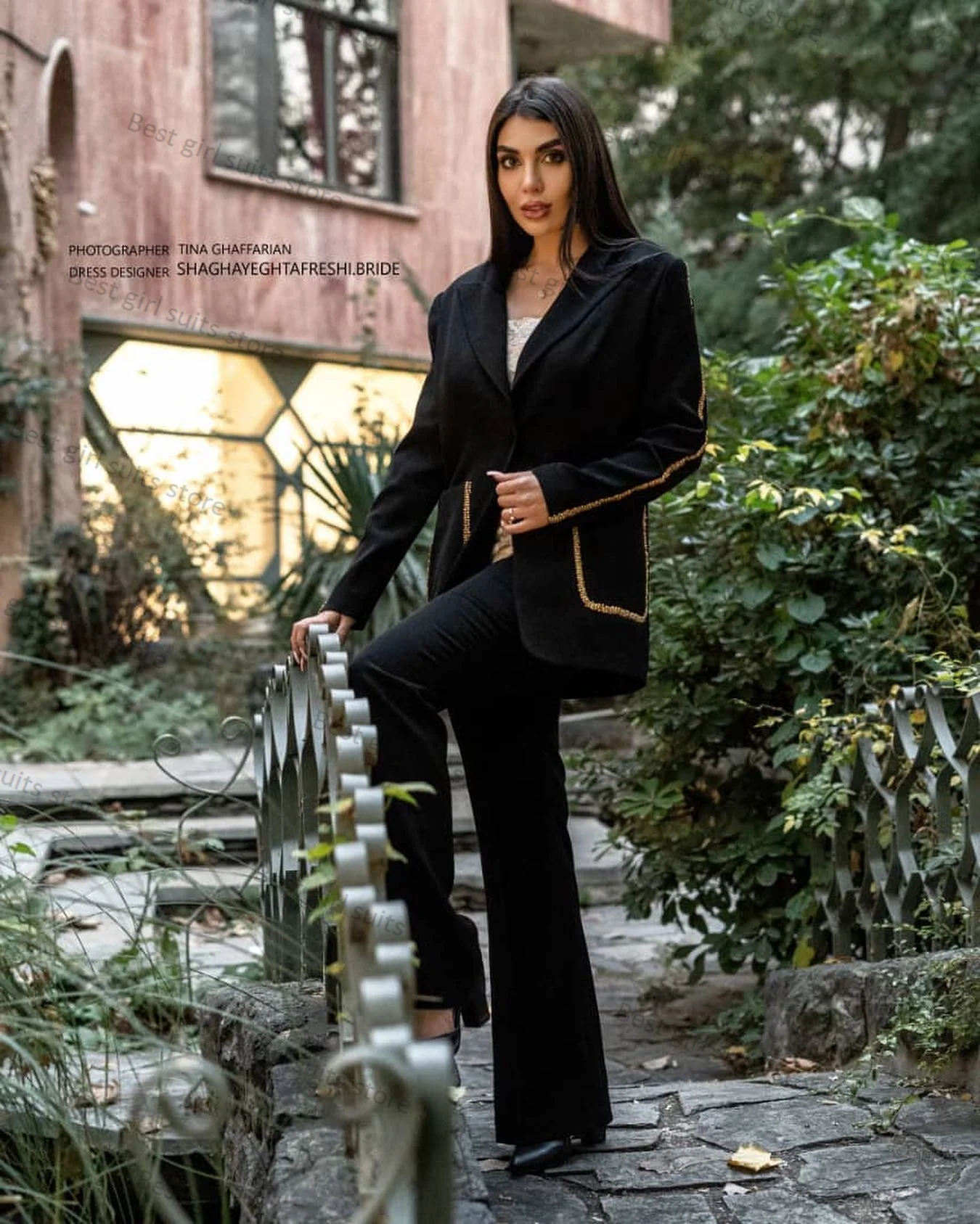 

Black Women Suit Pants Set 2 Piece Jacket+Trouser Golden Beaded Formal Office Lady Blazer Wedding Tuxedo Tailored Prom Dress