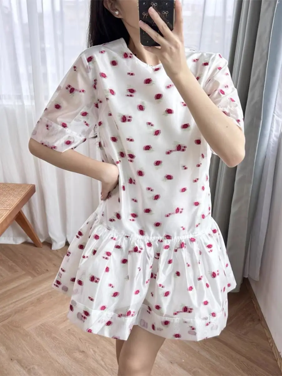 

2024 Летняя мини-юбка из органзы с цветочной вышивкой и круглым вырезом, длинная юбка для женщин