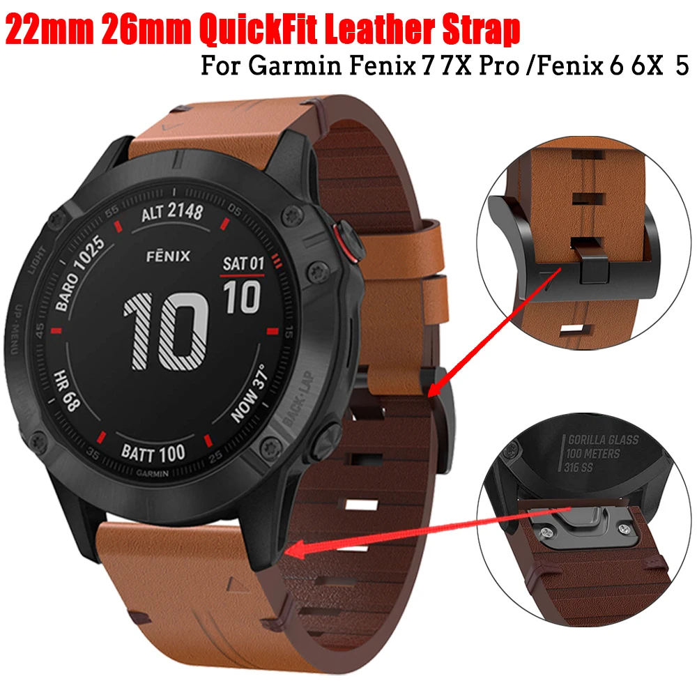 

Leather Quickfit 22 26mm Strap For Garmin Fenix 7X 6 6X 5X Pro Instinct 2X Mk2 Enduro 2 Epix Pro Genuine Band Silicone Watchband