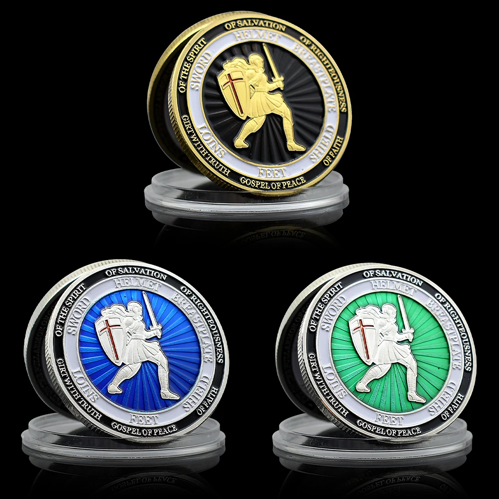 

3pcs Holy Shield Knight Challenge Coin God's Armor Badge Defend The Faith Commemorative Medal Bring Courage Souvenir Gift