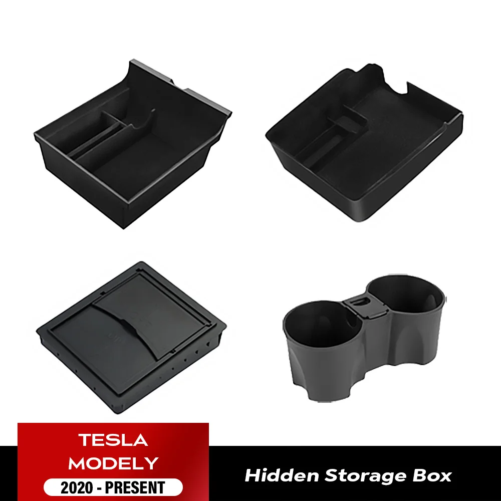 

For Tesla Model Y Hidden Storage Box Car Center Console Armrest Front and Rear Flocking Layered Grid Organized Container Slide