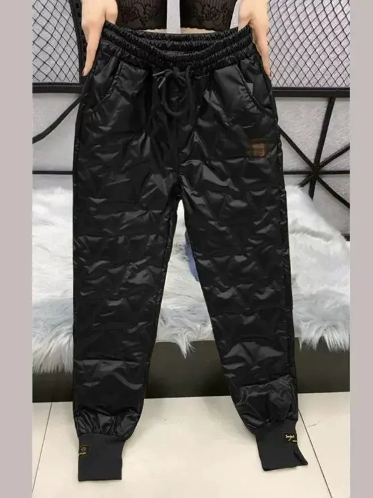 Women's Outdoor High Waist Thiened down Trousers Winter Warm Waterproof Cuffed Cotton Pants Korean Sle Commute Wind