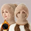 Fleece Lined Winter Knit Hat with Ear Protection Windproof Hood Integrated Neck Gaiter for Outdoor Cycling
