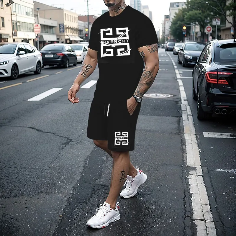 

Summer hot selling new fashionable men's sportswear T-shirt shorts set casual short sleeved set jogging fitness clothing brand c