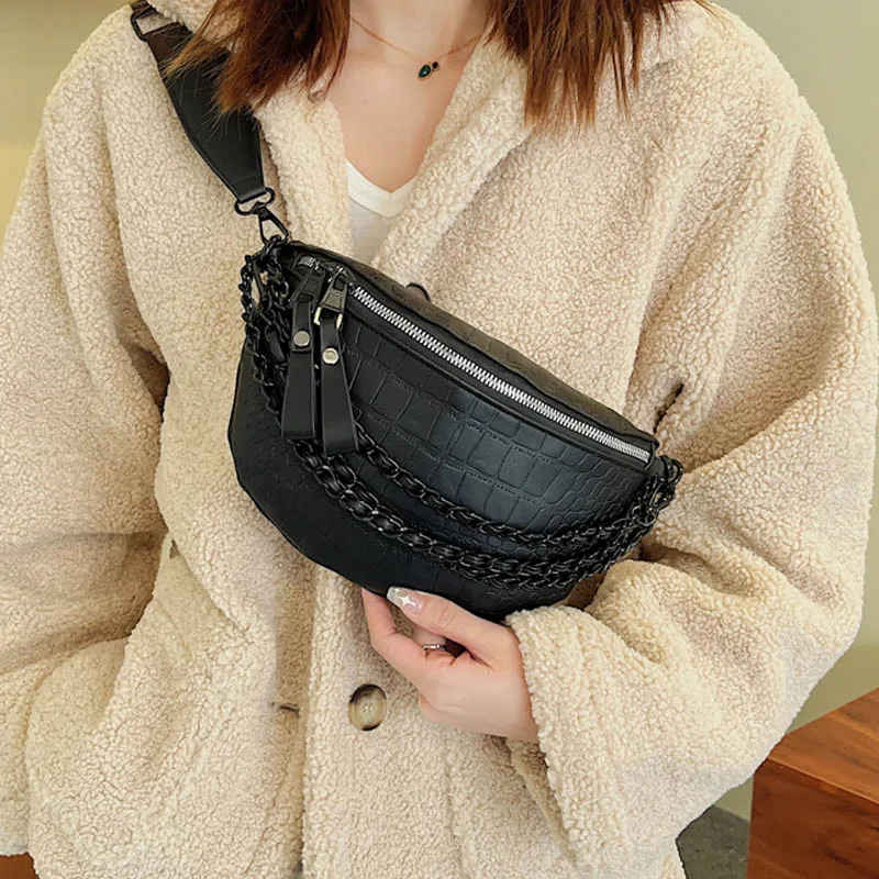 Genuine Leather Extra Large Fanny Pack Plus Size Sling Waist Pack Hip Belt  Bag for Women and Men Crocodile Embossed Black