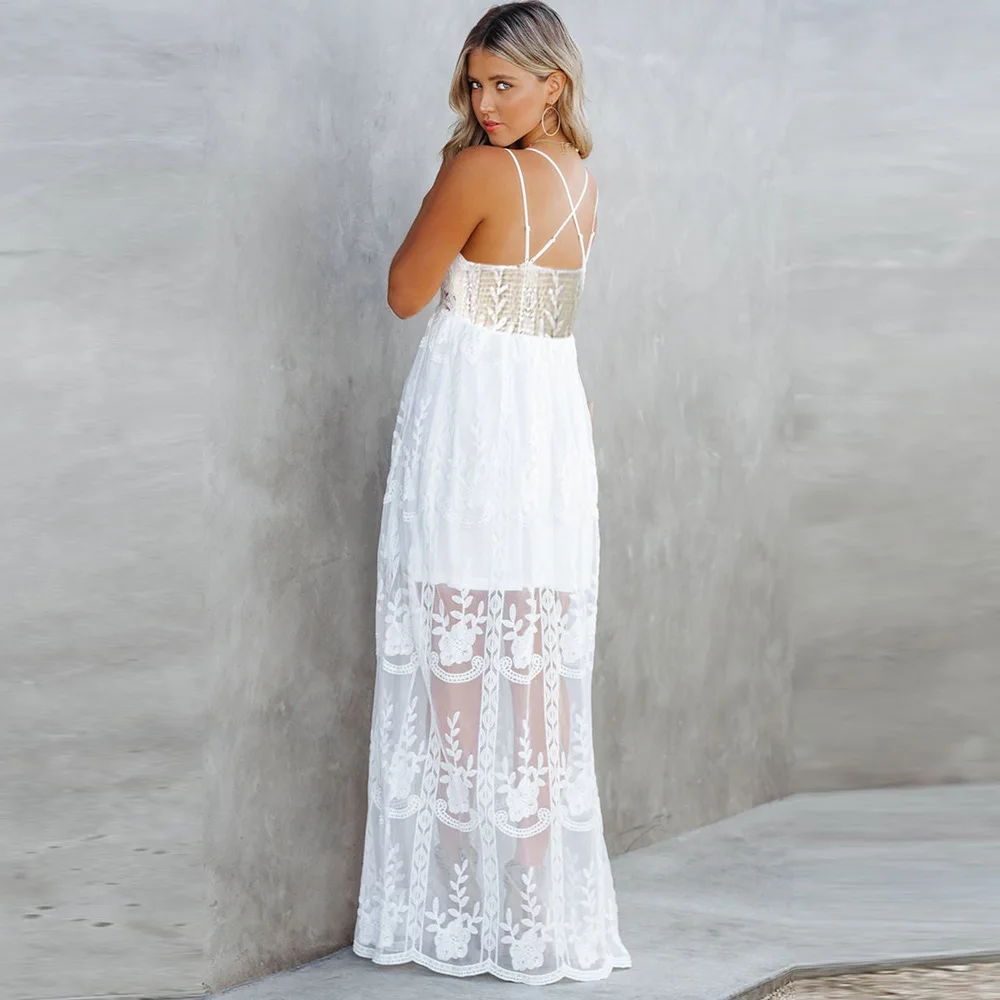 Women's Dress White Hollow Out Cotton Sundress Lace Sleeveless Long Splicing Summer Party Elegant Evening Woman Skirt Clothing ﻿
