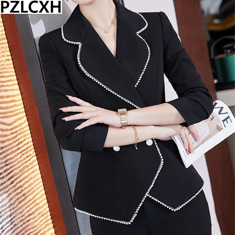 Pzlcxh Slim Suits for Women 2023 Office Ladies Long Sleeve Double Breasted Blazer Women Chic High Waisted Pant 2 Piece Sets OL