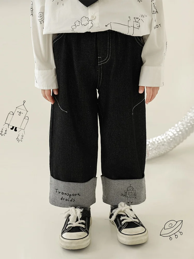 

Джинсы с прямыми штанинами для мальчиков, с ручной росписью, новинка весны, детские красивые длинные брюки