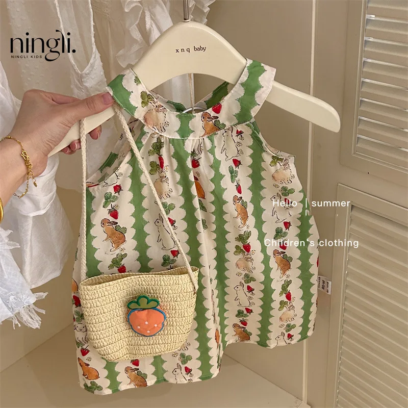 

Girls' Dress24Summer New Western Style Sleeveless Cartoon Rabbit Print Cotton Dress Children