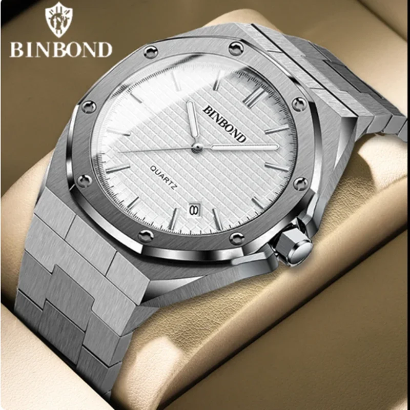 BINBOND Fashion Men's Alloy Strap Watch with Octagonal Screw Design and Quartz Movement