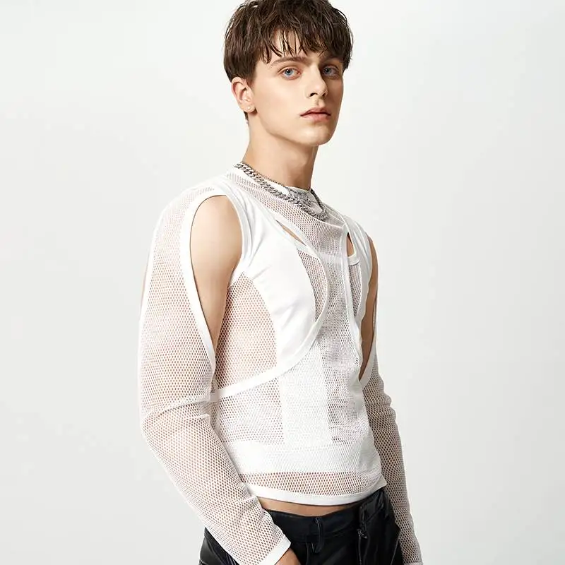 camisa masculina de malha retalhos transparente sexy manga comprida roupas masculinas streetwear oco para fora camisas incerun