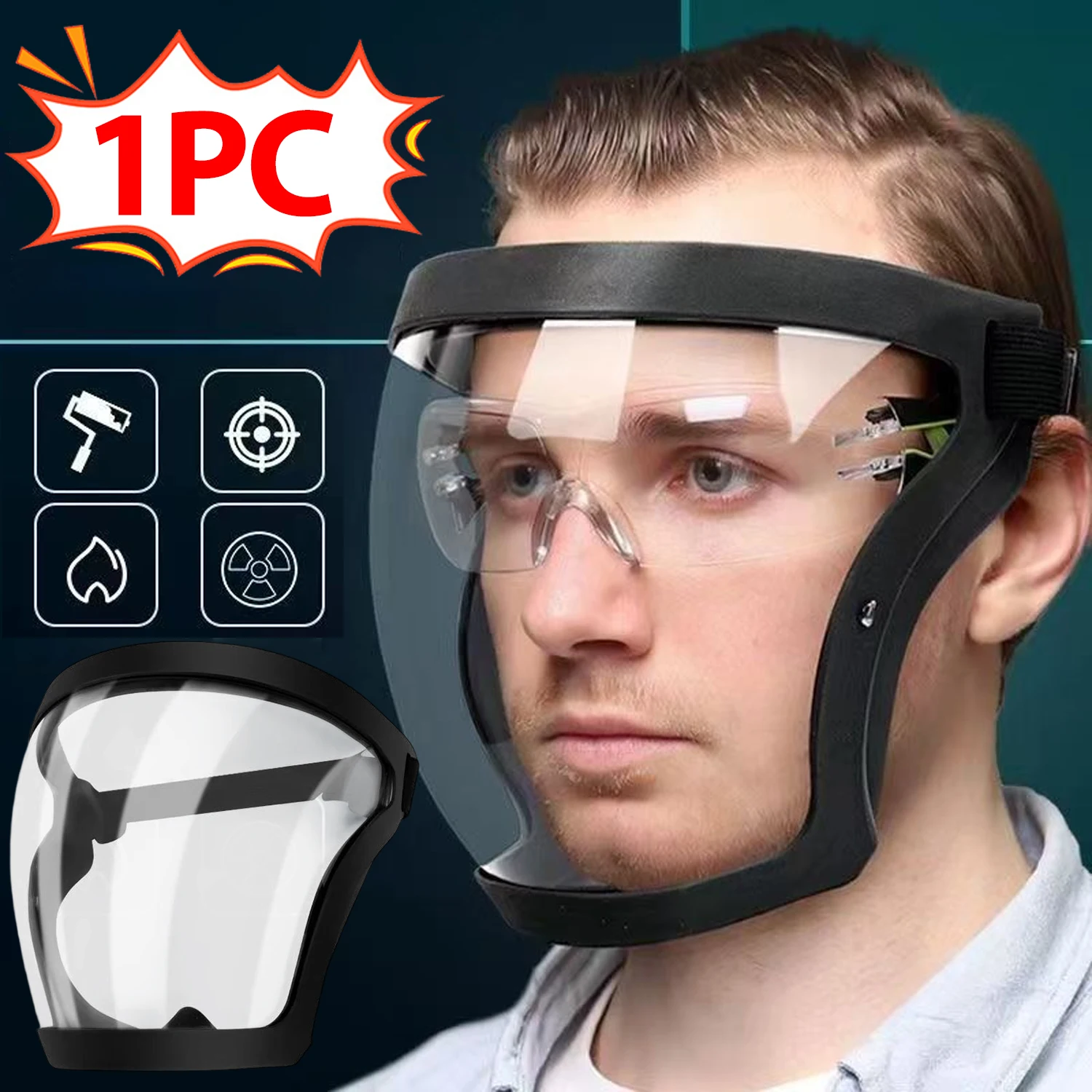 Maschera di protezione trasparente a pieno facciale con fibbia regolabile Visiera facciale riutilizzabile e resistente al calore per la sicurezza nell'allenamento