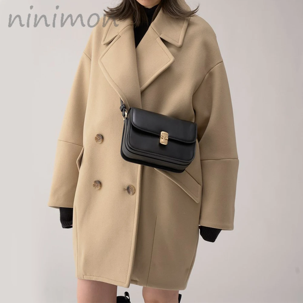 

NINIMON Double-Breasted Cocoon Wool Tweed Coat Autumn Winter FashionWomen Tweed Jacket Loose Solid Lantern Sleeve Lapel Outerwea