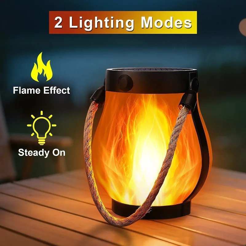 Solar Flame Lights Outdoor Camping Portable Flame Hanging Lantern Rechargeable 3D Flickering Flame Lamp for Garden Patio Decor