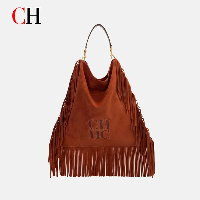 Borsa Hobo Vintage CH in Pelle Scamosciata con Frange per Donne, Borsa a Spalla con Lettere in Rilievo e Grandi Nappe, Borsa da Viaggio Quotidiana