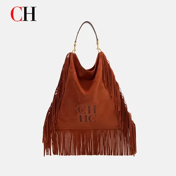 Borsa Hobo Vintage CH in Pelle Scamosciata con Frange per Donne, Borsa a Spalla con Lettere in Rilievo e Grandi Nappe, Borsa da Viaggio Quotidiana