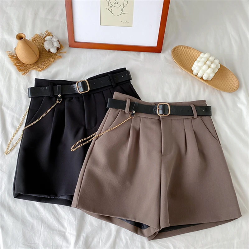 2021 High Waist Thin Women's Office Shorts Wide Legged A-Line Suit Shorts Female Korean Style Casual New Short Pants with Belt american eagle shorts