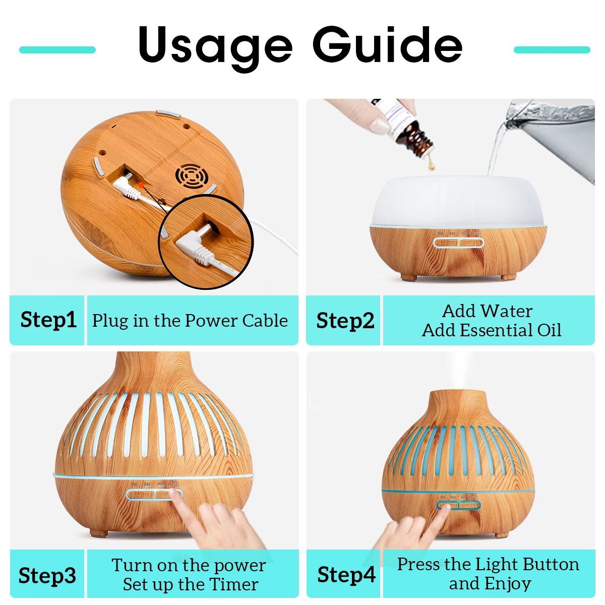 500ML Aromatherapy Essential Oil Diffuser Wood Grain Remote Control Ultrasonic Air Humidifier Cool with 7 Color LED Lights 5