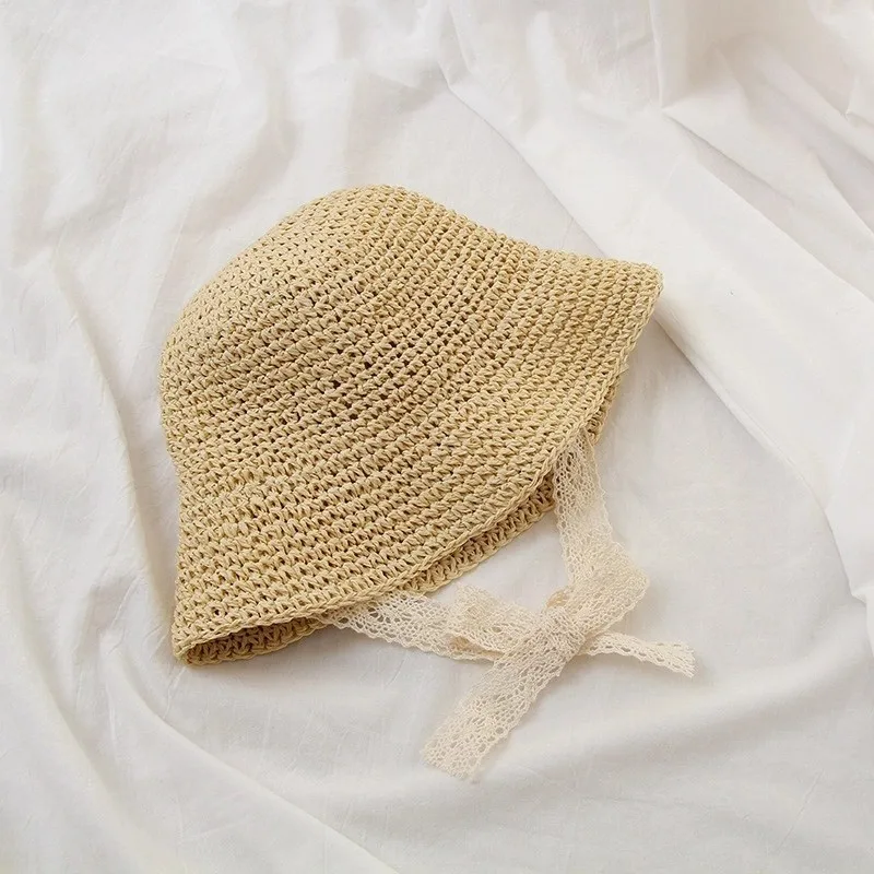 2024 Summer Straw Baby Hat Lace Newborn Baby Bucket Hat Kids Sun Hats Kids Cap Children Panama Cap Outdoor Travel Beach Cap 4