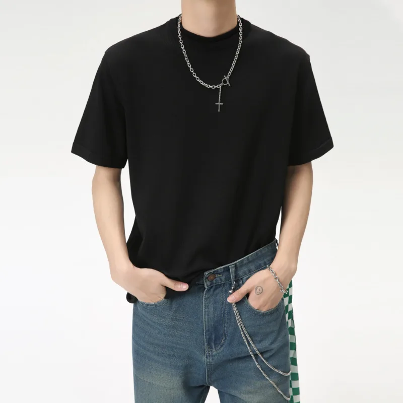 

Summer Loose Men's Knitting T-shirt Korean Style Casual Round Neck Solid Color Short Sleeved Male Tops 2024 New Fashion