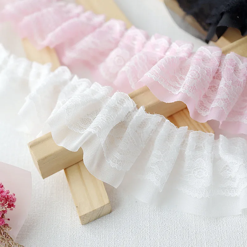 Chiffon lace fabric 5CM wide double layers pleated needlework frilled ruffle trim for dress collar neckline DIY crafts sewing