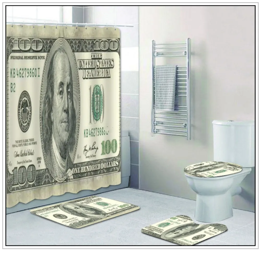 

Luxury US Dollar Bill Banknotes Shower Curtain Set for Bathroom Money Currency Notes Bath Mat Rug Toilet Carpet Home Decorations