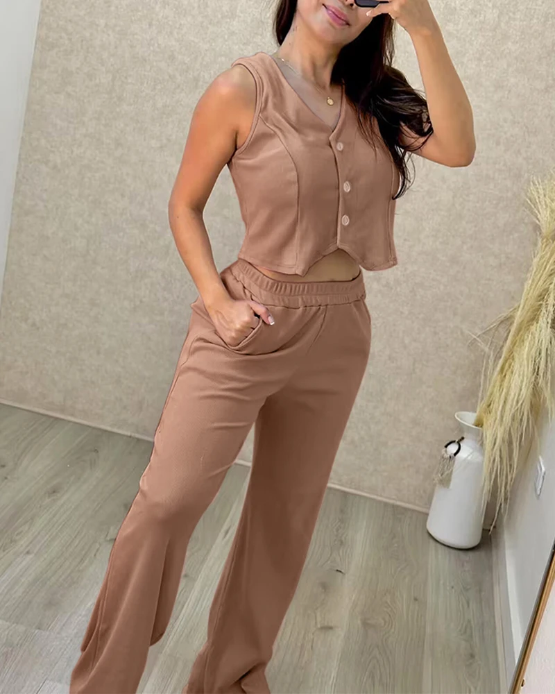 

Casual Women's 2-Piece Pants Set Button Pleated Sleeveless V Neck Vest Top High Waiste Pocket Wide Leg Straight Trousers Suit