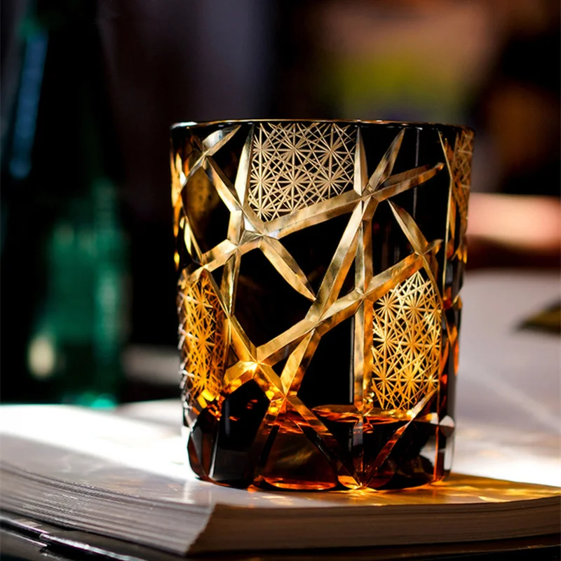 

250ml Amber Black Whiskey Crystal Glass Lightning Edo Kiriko Japanese Royal Wine Cup Carved Cognac Tumbler Snifter Dropshipping