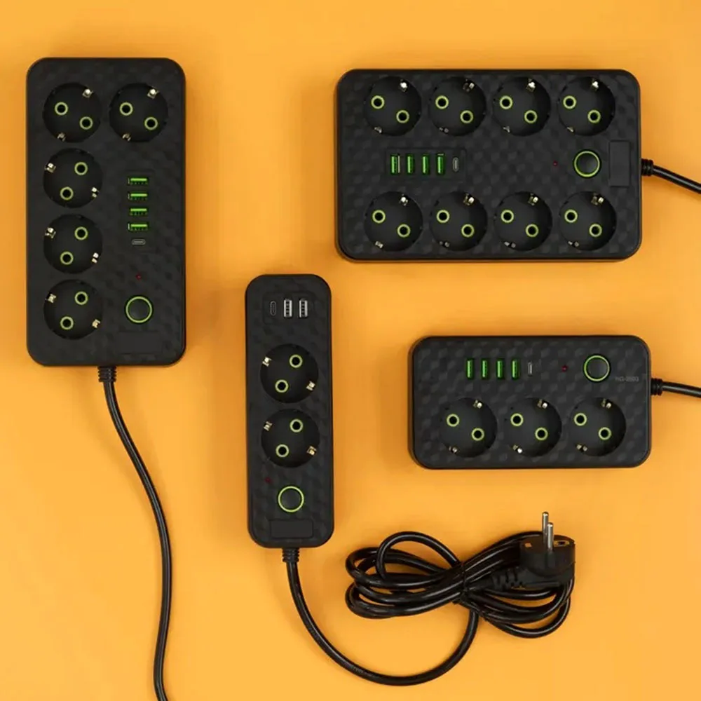 EU 플러그 연장 소켓 2/3/5/8 멀티 콘센트(USB Type-C 고속 충전 포함) 가정 사무실 여행용 서지 보호기