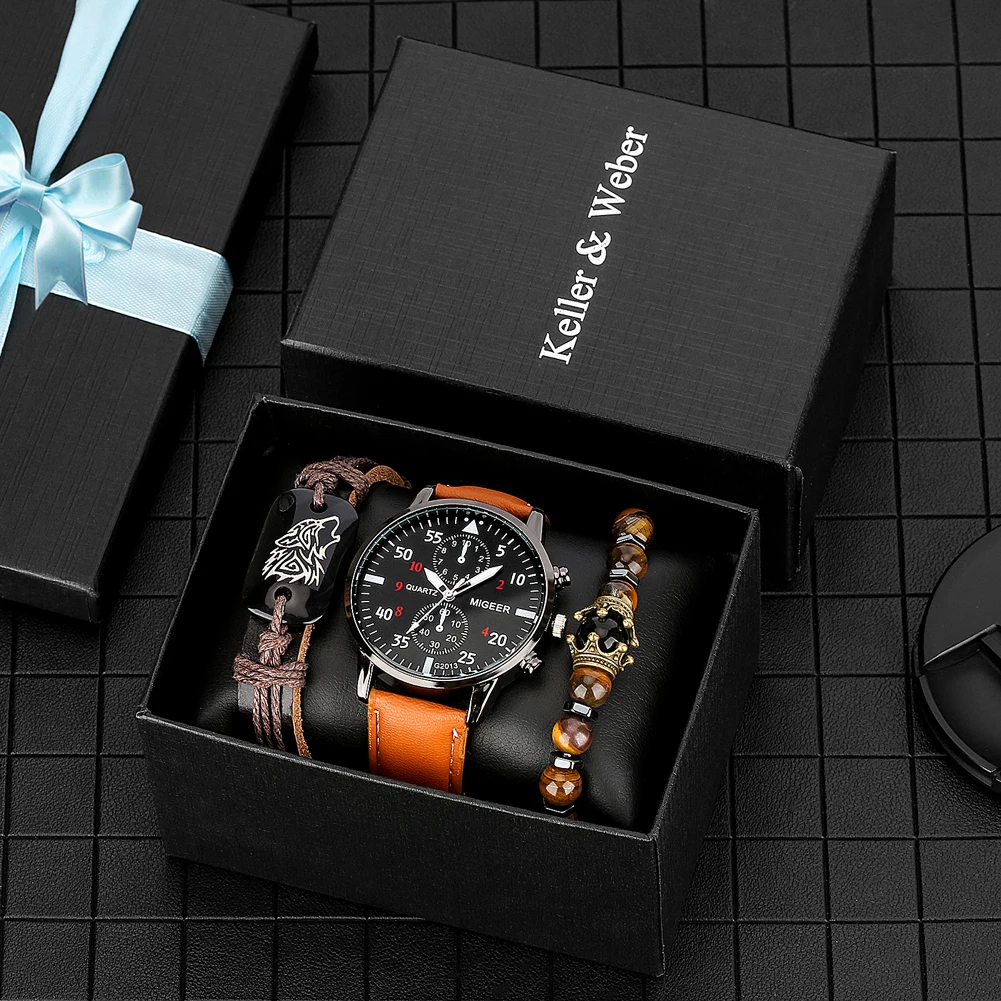 Men Luxury Watch Gift Set Fashion Brown Quartz Watches Bracelet for Men Original Creative Gifts Box to Husband Relogio Masculino