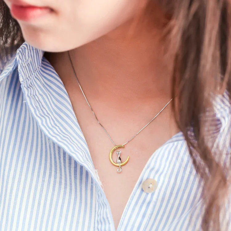 JFASHOP Collana Gatto E Luna In Argento 925 | Ciondolo Simpatico Per Amanti Dei Gatti, Regalo Idea