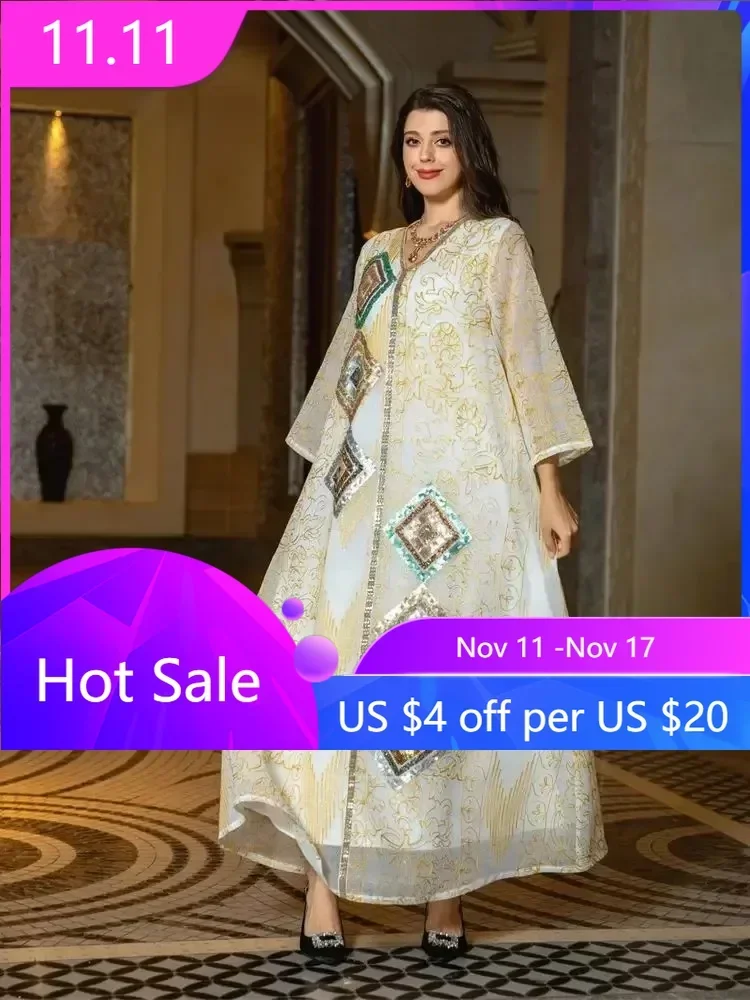 

Muslim Women Sequins Dress Eid Ramadan Islam Clothing Long Party Gown Femme Musulman Caftan Dubai Abaya Turkey Marocain Djellaba