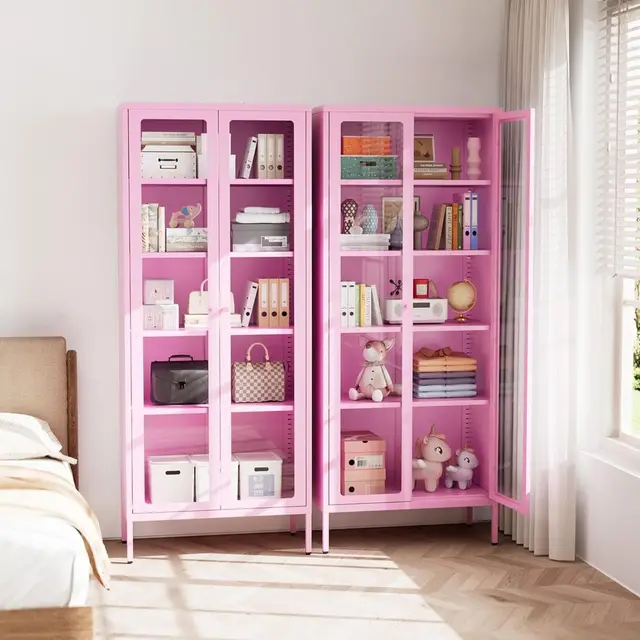 5-Tier Metal Glass Display Cabinet, Tall Curio Storage with Pink Steel Shelves, Ideal for Home Office, Living Room, Pantry