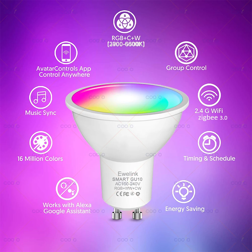 Smart LED Light Bulb LED Spotlight GU10 WiFi ZigBee Dimmable RGB W + C 5W EWelink APP Control Works With Alexa Google Alice
