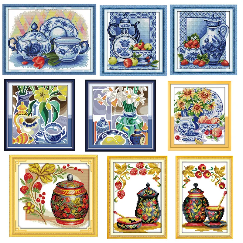 Coloured potter Porcelain Fruite Painting Chinese Cross Stitch Home Decor Counted Printed On Canvas DMC 14CT 11CT Embroidery Set