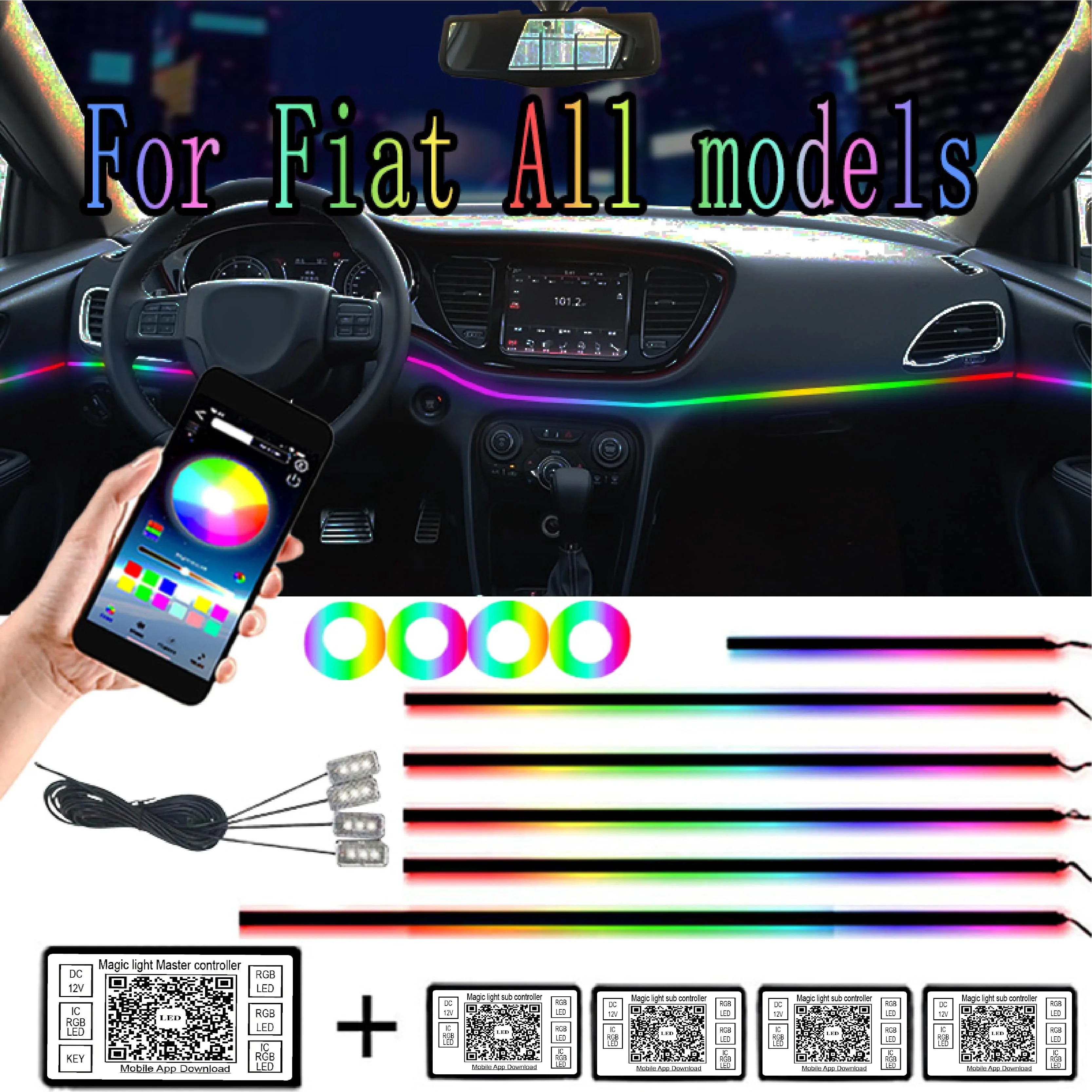 

18 in 1 64 Color RGB Symphony Car Atmosphere Interior LED Acrylic Guide Fiber Optic Universal Decoration Ambient Light For Fiat