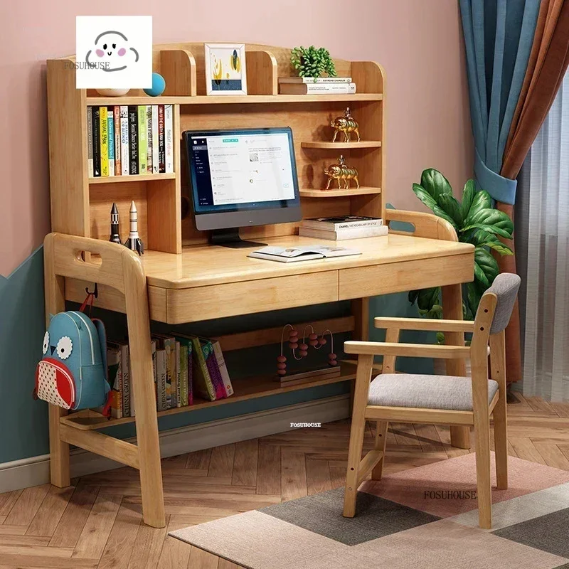 Solid Wood Children Tables Learning Desk Simple Integrated Desk and Bookshelf Modern Student Home Bedroom Writing Chair