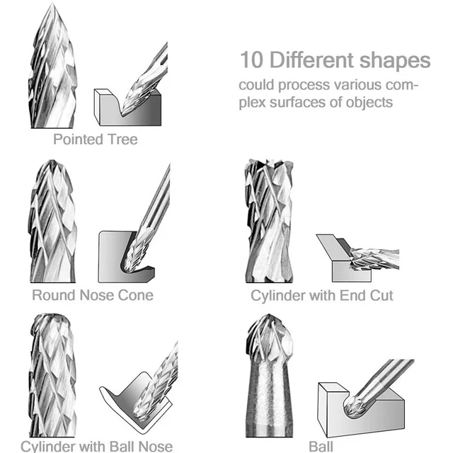 Juego de fresas de carburo compatible con Dremel vástago de 1/8 de pulgada,  10 piezas, herramienta rotativa, brocas de escopeta, accesorios