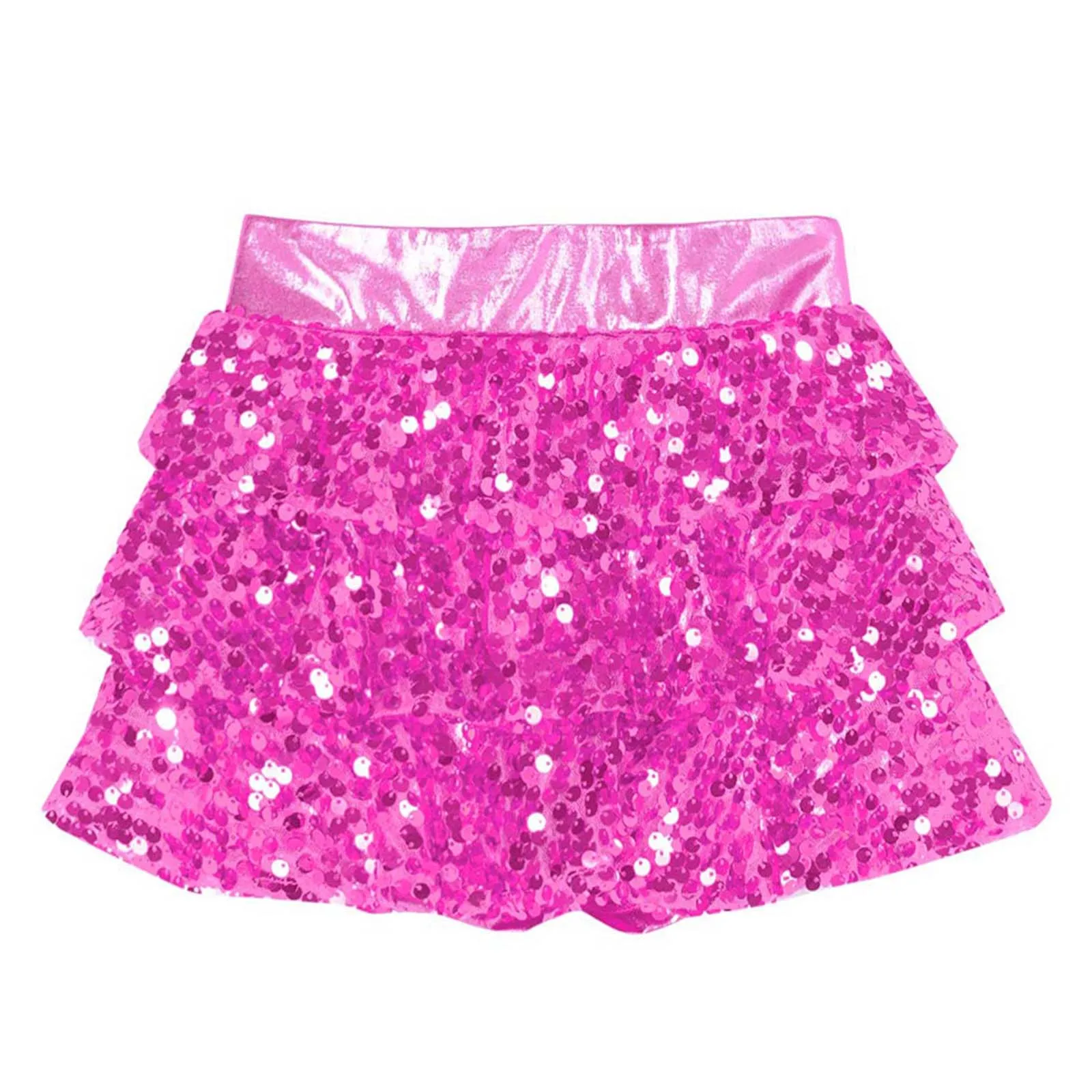 Kids Girls Shiny Sequins Tiered Ruffle Ballet Skirted Shorts Metallic Culottes Dance Jazz Hip Hop Dance Performance Costume