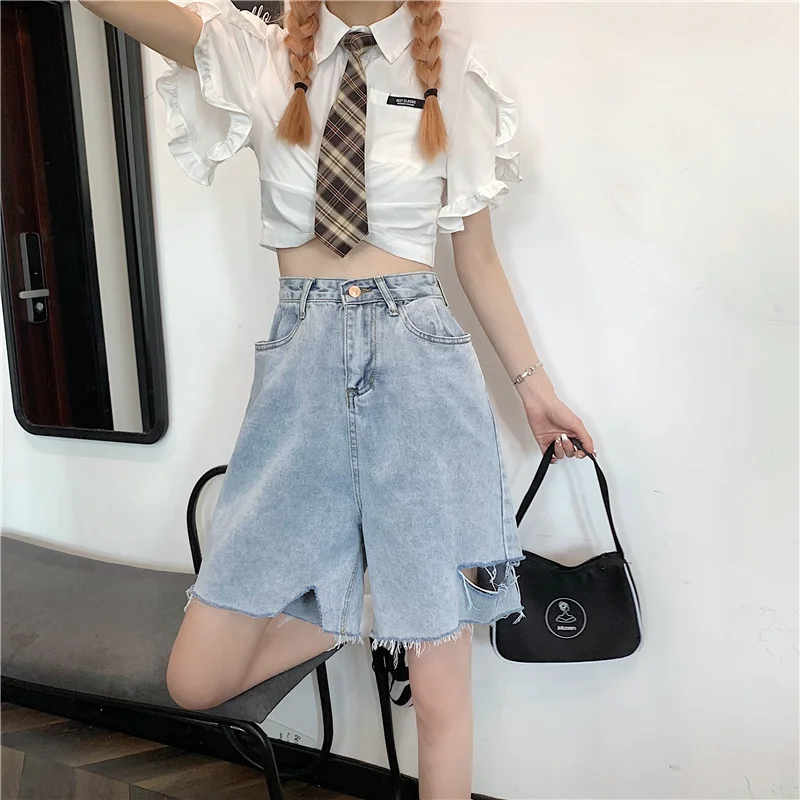 bermuda shorts 2022 Summer Holes Jeans Shorts Women Korean Chic High Waist Blue Tassel Denim Shorts Loose Washed Short Pants Female Ropa Mujer maternity shorts