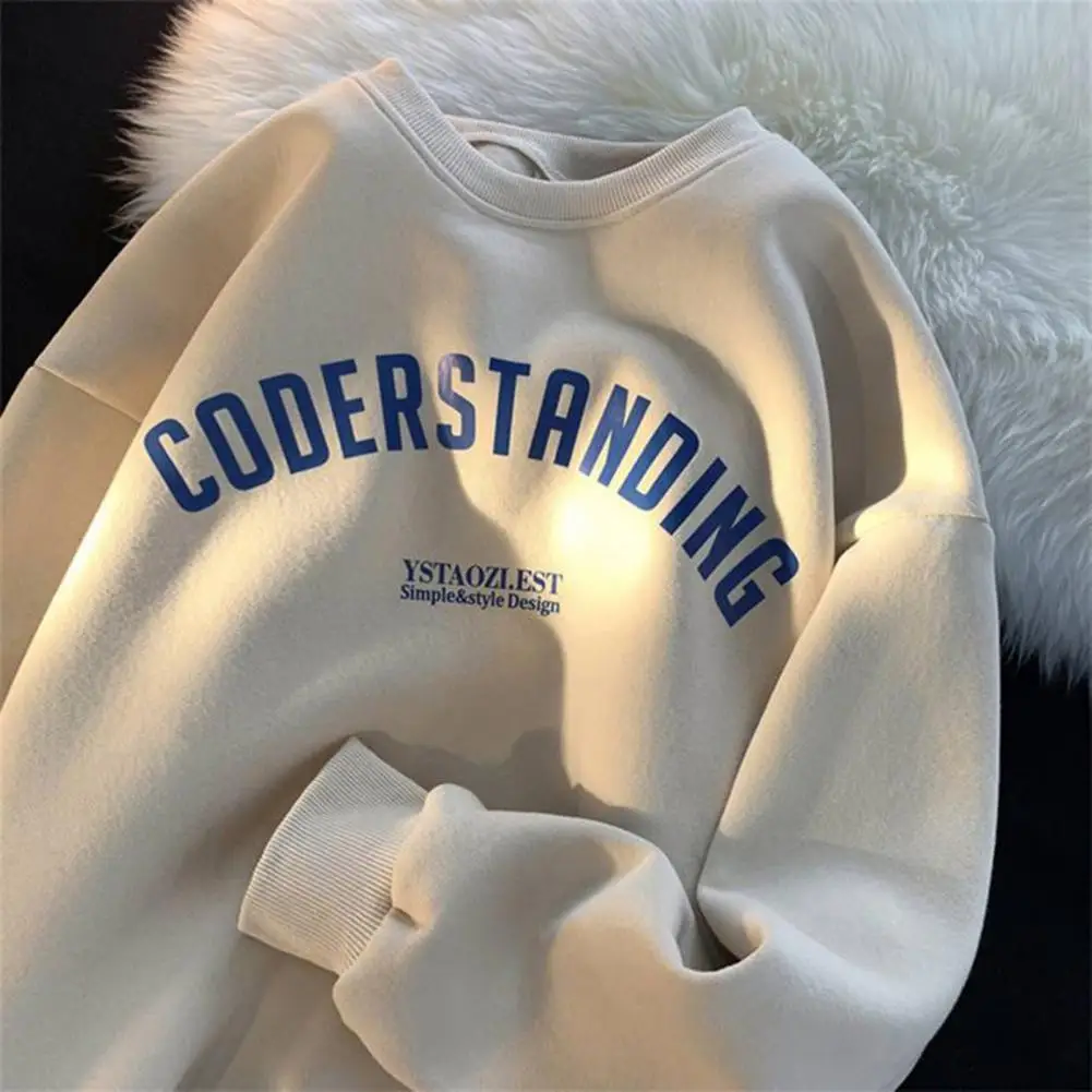 Thickened Sweatshirt Men's Thickened Plush Sweatshirt with Letter Print Elastic Cuff Cozy Mid Length Pullover for Fall Winter