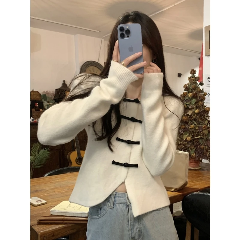 

Vintage Knitwear Sweater Coat for Women O-neck Puff Sleeve Tunic Chic Sueter Mujer Fashion Temperament Crop Cardigan Pull Femme