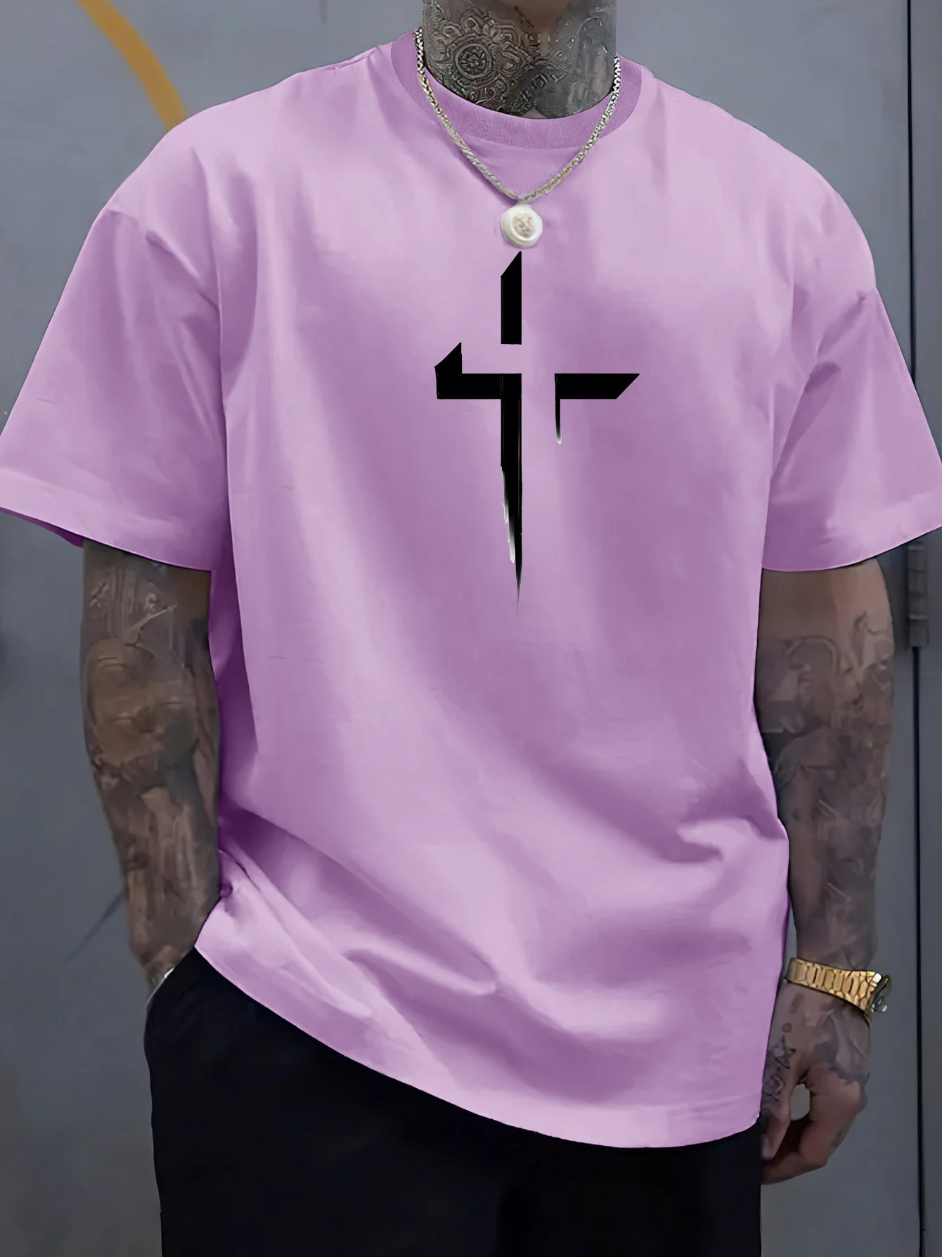 Summer men's 100% pure cotton casual loose plus size Cross Creative printed sports comfortable round neck short sleeved T-shirt - Image 2