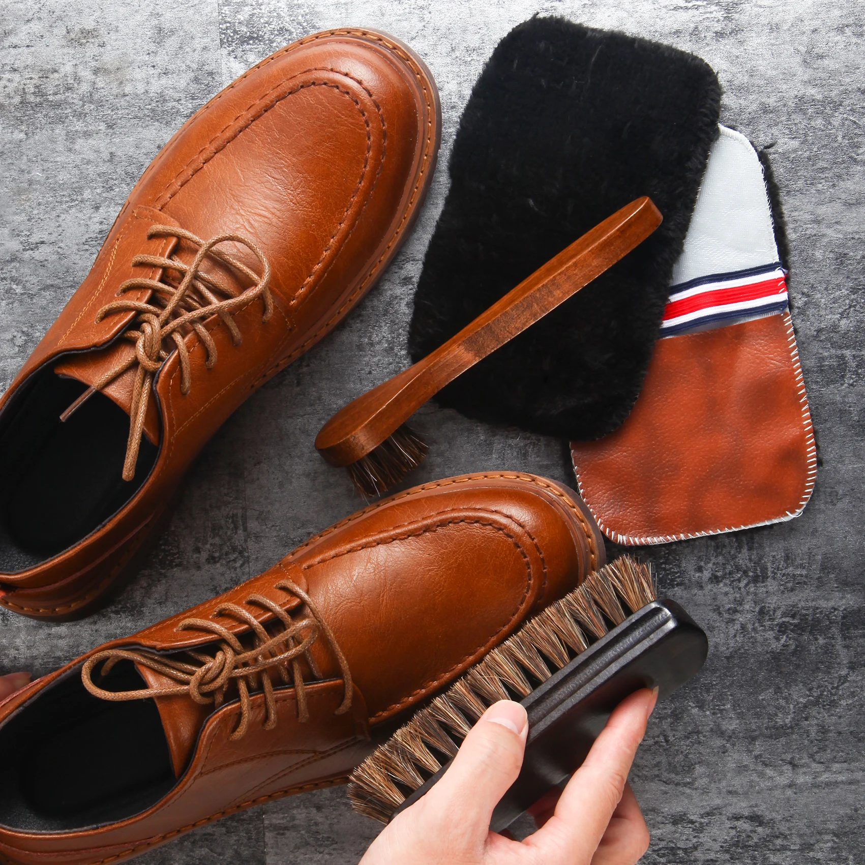 Horsehair Shoeshine Brush Kit Polish Applicator Applicator Cleaner Cleaning Brush with Microfiber Shoe Gloves 6