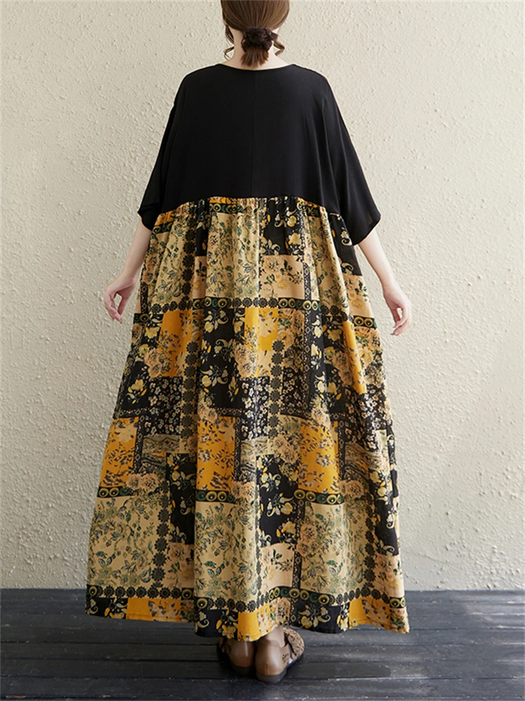 Summer Cotton Vintage Casual Loose Print Women Dresses Short Sleeve Patchwork Dress Femme Vestidos Office Lady Elegant Clothing