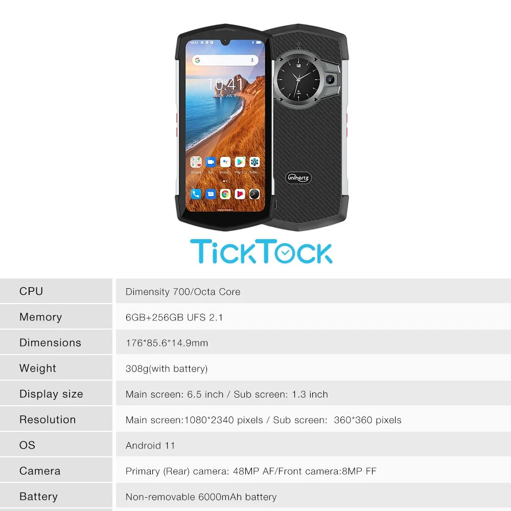 Unihertz TickTock 5G Rugged Smartphone 6.5 Inch Dual Screen IP68 6GB RAM+256GB ROM Fingerprint Mobile Phone 6000mAh 48MP Android