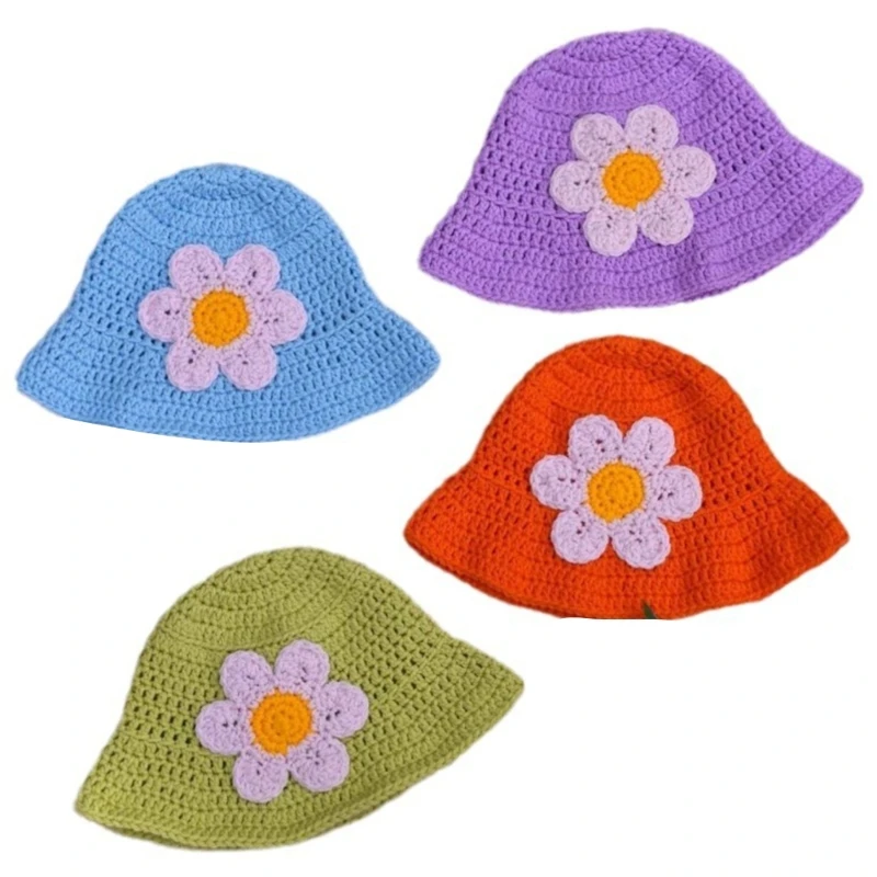 

Popular Crochet Flower Fisherman Hat for Adult Female Handmade Knitted Skull Hat InsStyle Hat Girl Casual Bucket Hat