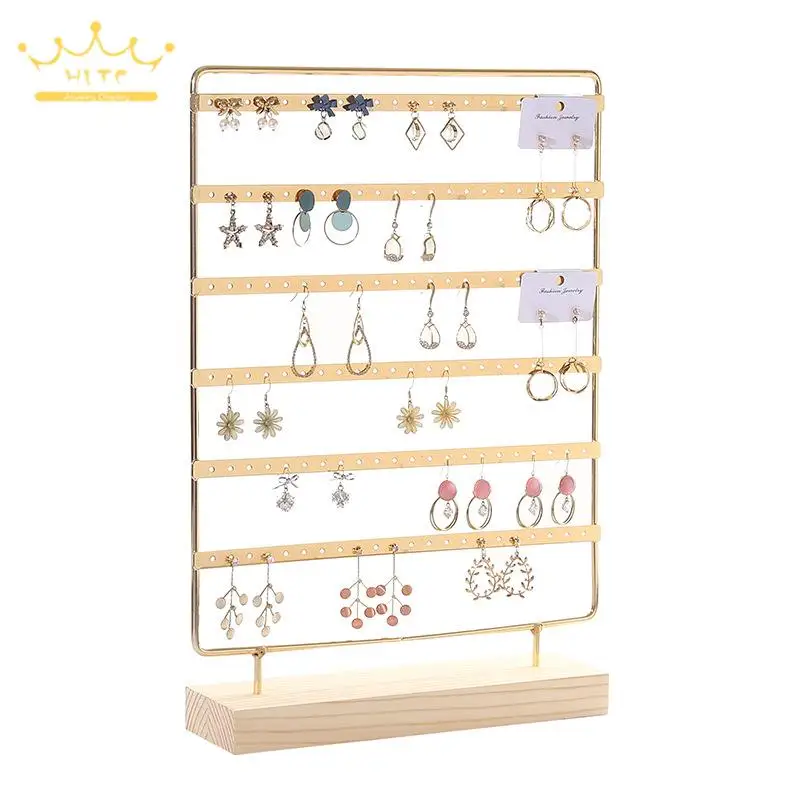 

Metal 6 Layers Earring Display Holder Ear Stud Display Rack Wood Base 3-Tiers 69 Holes Jewelry Storage Organizer Stand Reusable