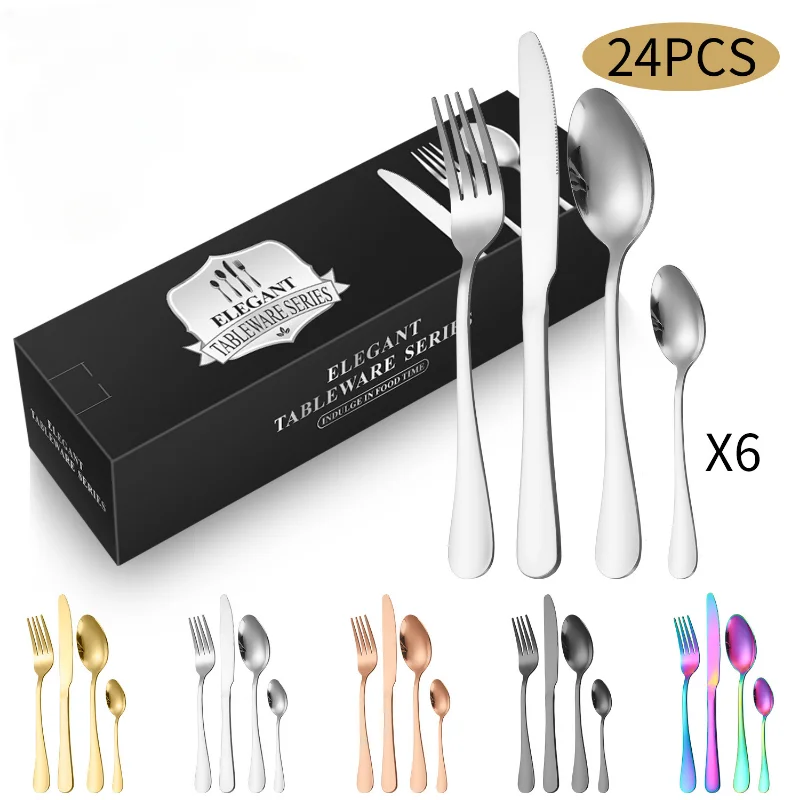 Silverware Set，24-Piece Steel Flatware Service for 6, Mirror Finish Cutlery  Set with Gift Box (Black) Travel silverware set S - AliExpress
