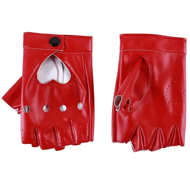 PU-Leder Halbfinger-Handschuhe Coole Herz-Hohldesign Fingerlose Tanzhandschuhe für Jungen & Mädchen Punk Rock Nieten-Lederhalskette – Detail 5